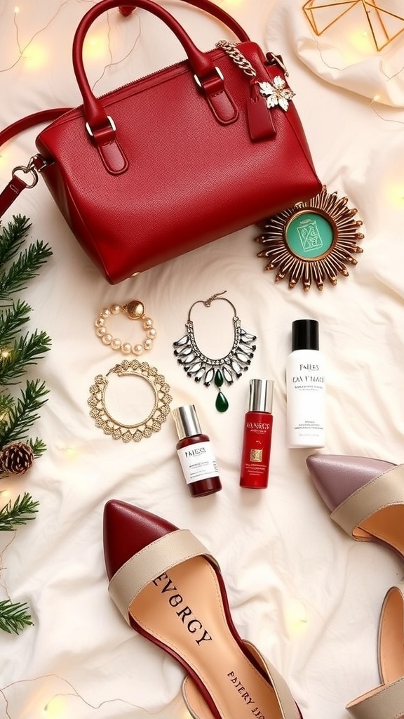 Chic Christmas Wishlist Ideas for the Trendy Flat lay of chic Christmas wishlist items including a designer handbag, jewelry, and skincare products on a festive background.
